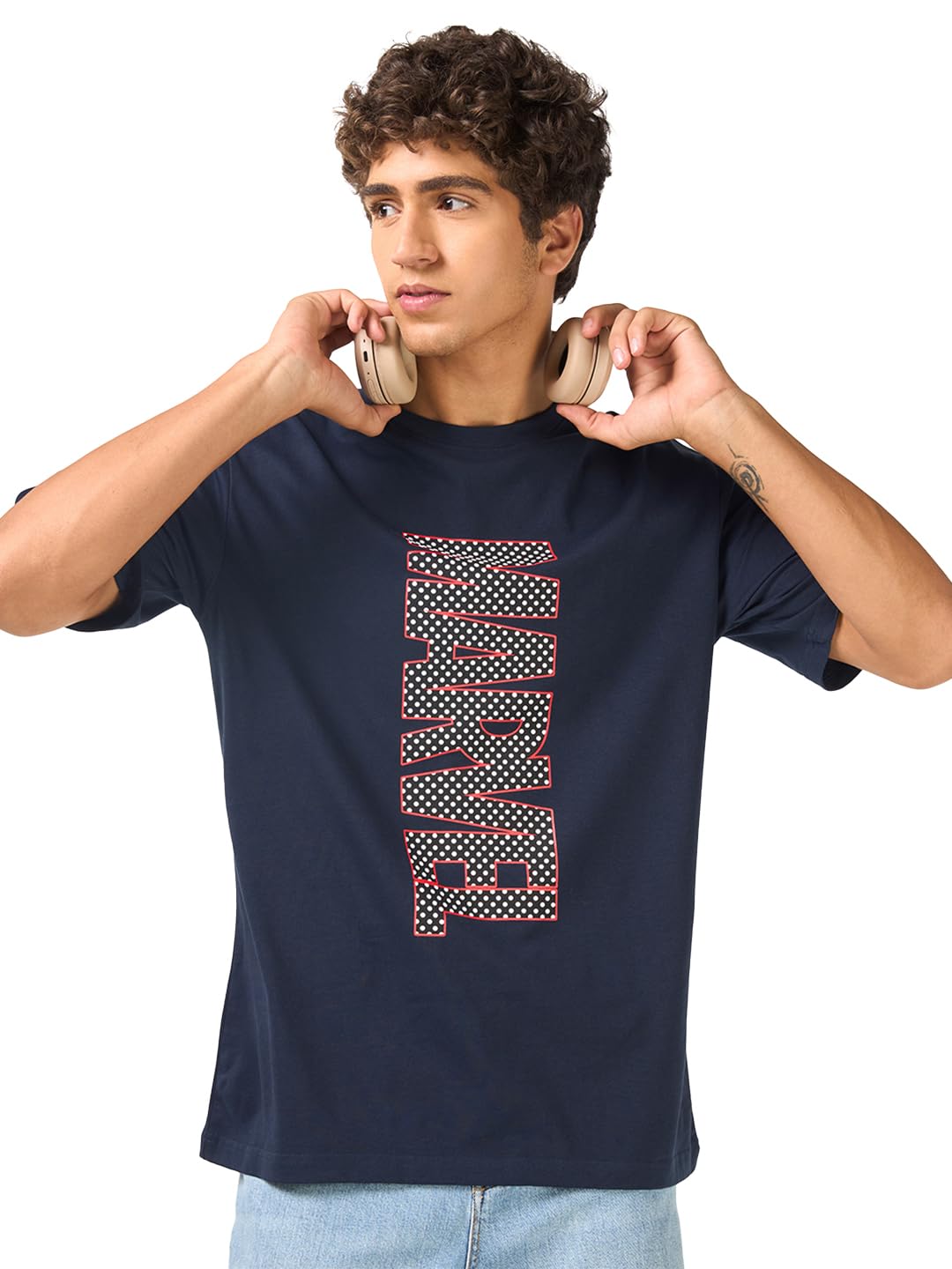 Bewakoof Maglietta da uomo con stampa grafica ufficiale Marvel, vestibilità oversize, mezza manica, girocollo, in puro cotone