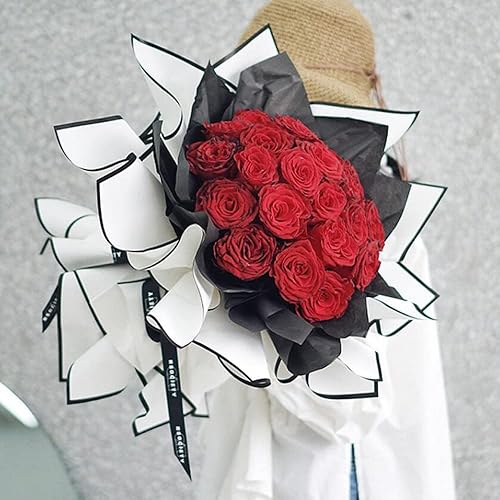 Miniatura 4 de Papel de embalaje de ramo floral con borde blanco y negro, papel de envoltura de ramo de flores nobles, a la moda, simple viento y flores, papel de