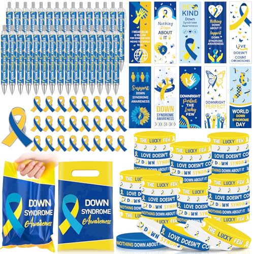 Gersoniel 250 Pcs Down Syndrome Awareness Accessories Include Blue Yellow Ribbon Pins Ballpoint Pens Silicone Bracelets Gift Bags and Bookmarks for Awareness Event Party Supplies