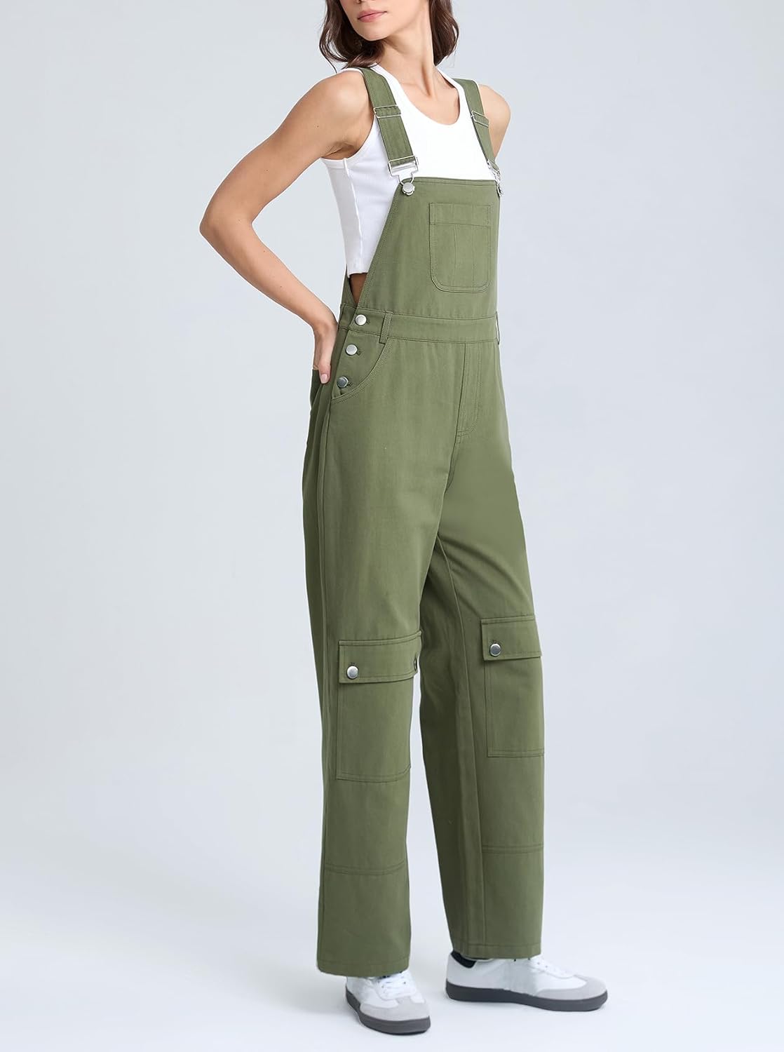 Ladyful Overalls for Women Straight Leg Green Bib Casual Long Pant Rompers Adjustable Strap Jumpsuit with Cargo Pockets