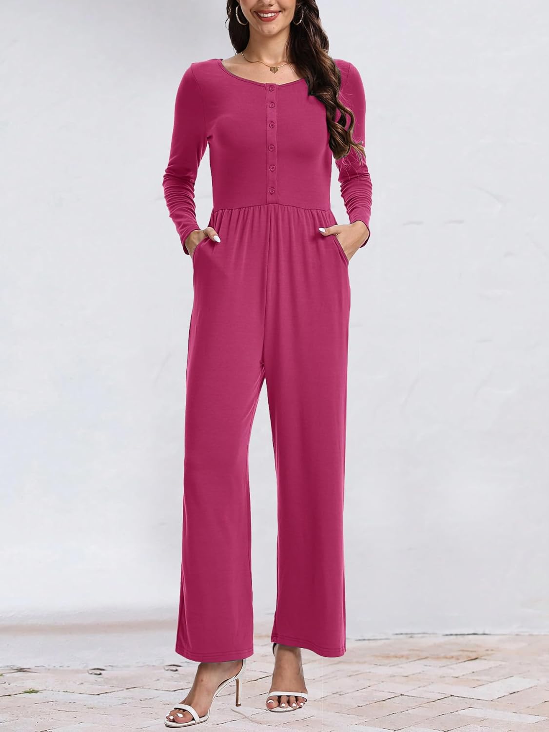 AUXDIO Women's Casual Long Sleeve Jumpsuits One Piece Crew Neck 2025 Wide Leg Pant Romper with Pocket - Image 3
