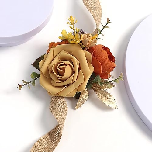 Miniatura 5 de Emivery Juego de 6 ramilletes de muñeca, ramillete de flores de terracota, pulsera rústica para niña, dama de honor, boda, ramillete de muñeca,