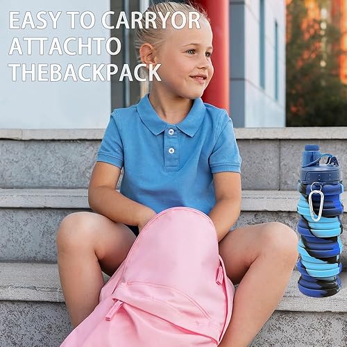 Miniatura 7 de Botellas de agua plegables de silicona, 16 onzas (16.9 fl oz), botella de agua portátil, plegable, expandible, vasos deportivos, a prueba de fugas,