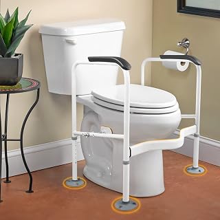 Toilet Safety Rails Frame for Elderly with Handles Stand Alone Bathroom Assistance Grab Bars Arms for Seniors, Handicap, Disabled, Width & Height Adjustable, Fit Any Toilet