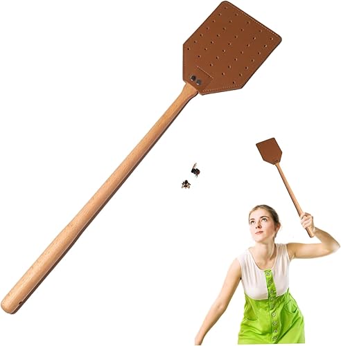 Matamoscas de piel sintética para moscas de alta resistencia, control de avispas y mosquitos, diseño rústico, 19.48 pulgadas, con mango largo de