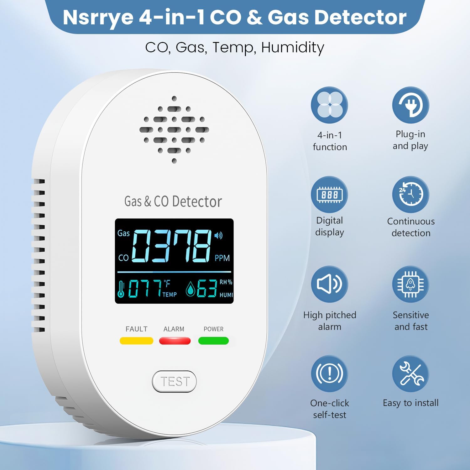 4 in1 Gas- und CO-Melder mit Stecker für Haus, Kohlenmonoxidmelder CO-Warnmelder Zuhause, Gasmelder Brenngaswarnmelder Gasleckmelder für Erdgas LPG Methan Propan Butan (2, Weiß)