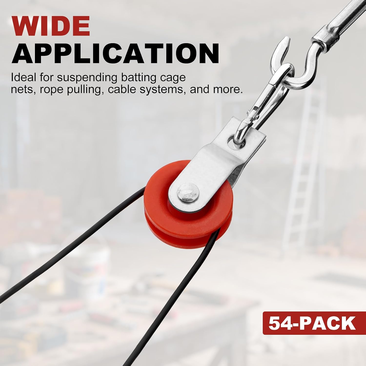 15-54 Sets 1-7/8" Nylon Pulleys Kit with Snap Hooks for Batting Cage Cable Tension Kit Smooth Sliding, Red