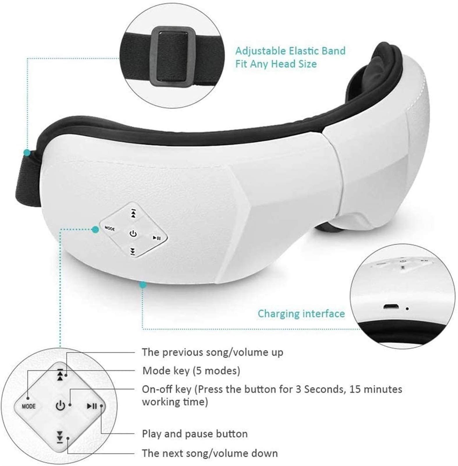Masajeador de ojos eléctricos con calor, compresión de aire, música bluetooth, masajeador de ojos inalámbricos para aliviar los ojos secos, la fatiga ocular, la mejora de la circulación sanguín