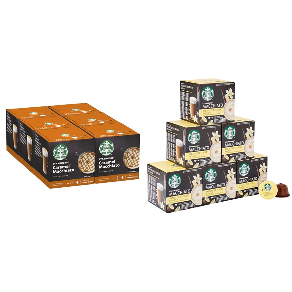 STARBUCKS Caramel Macchiato De Nescafe Dolce Gusto Cápsulas De Café 6 X Caja De 12 Unidades & Vanilla Latte Macchiato de Nescafe Dolce Gusto Cápsulas de Café, 6 x caja de 12 unidades