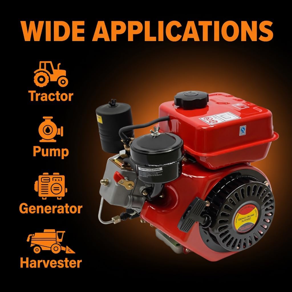 4 Stroke 196CC Single Cylinder Diesel Engine 3HP Forced Air Cooling Recoil Start System Diesel Motor with 0.92Gal Diesel Tank Go Kart Engine for Micro-Tiller, Irrigation Machine, Lawn Mower, Red