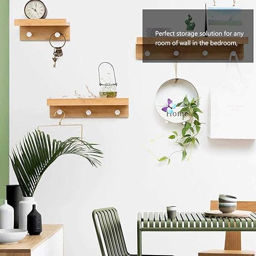 Miniatura 5 de Cabilock Perchero de montaje en pared con estante estante flotante de madera resistente con ganchos, llave decorativa y soporte de correo para pared