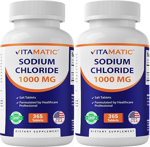 Vitamatic Cloruro de sodio 1000 mg - 365 tabletas -2 botellas de reabastecimiento de electrolitos y soporte de hidratación - Sin OMG, sin gluten