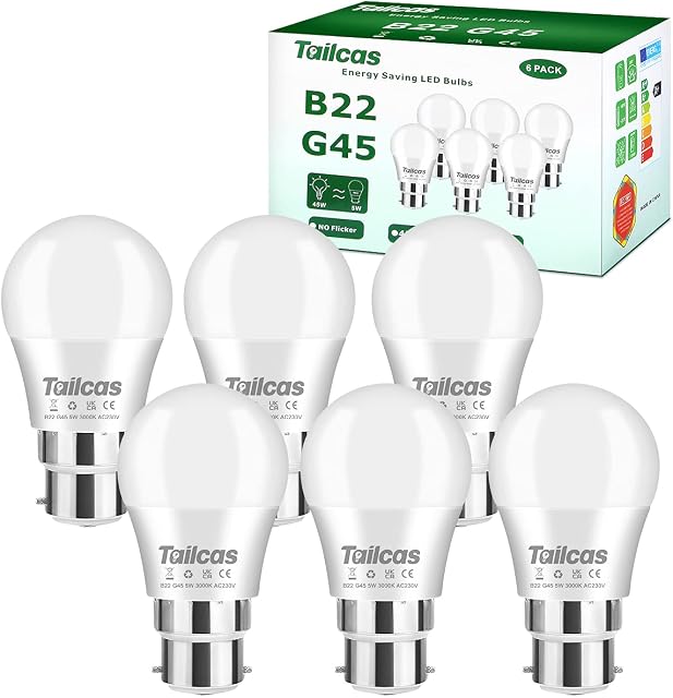 B22 Led Bayonet Bulb, 5W 3000K Warm White (Equivalent to 40W /50W), G45 Energy Saving Light Bulbs for Chandelier Bedroom Living Room, Non-dimmable, 6-Pack