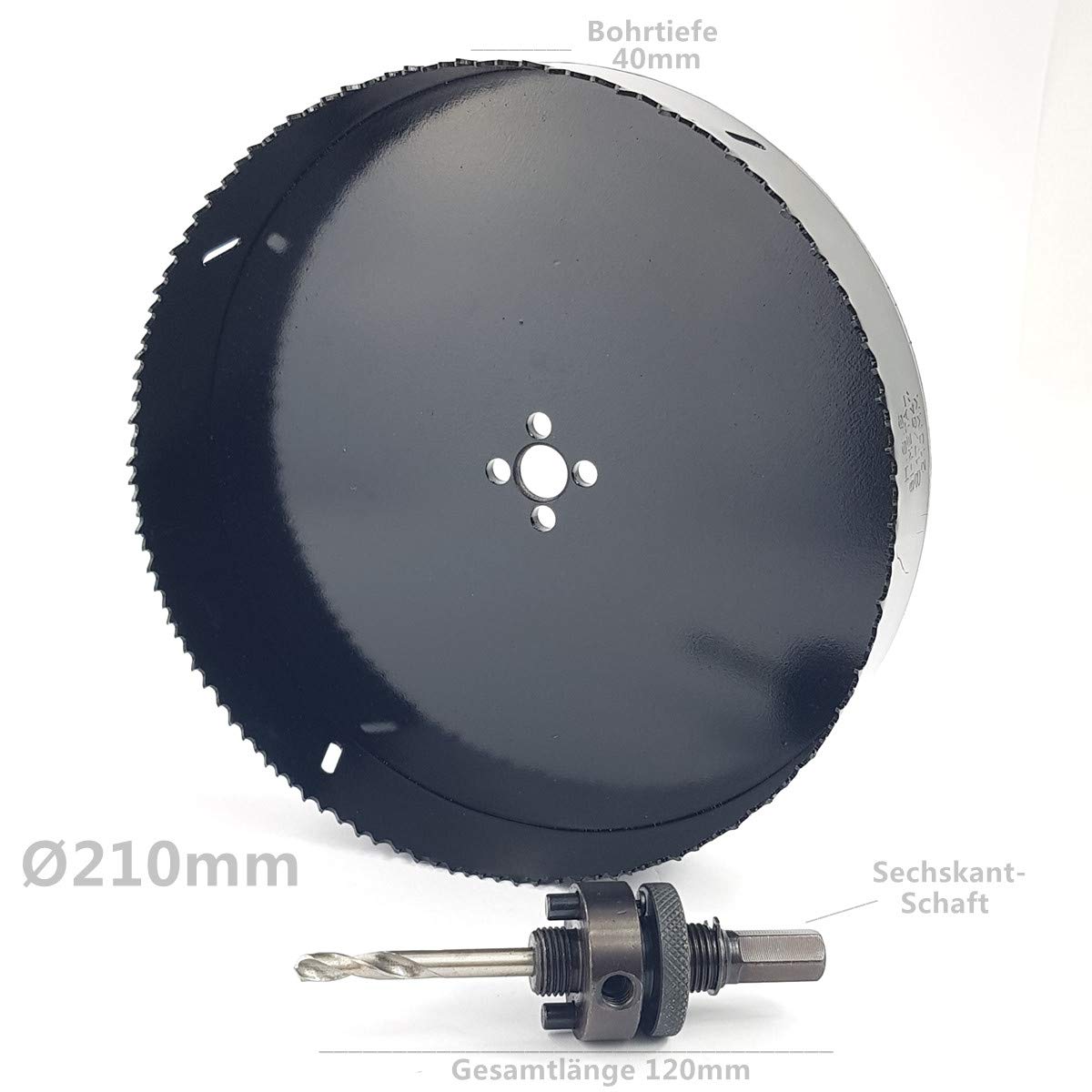 Sierra de corona de 210 mm de diámetro con adaptador hexagonal HSS-Bi-Metall broca de perforación corona de 40 mm para aluminio, madera, hierro fundido, latón, yeso, etc.