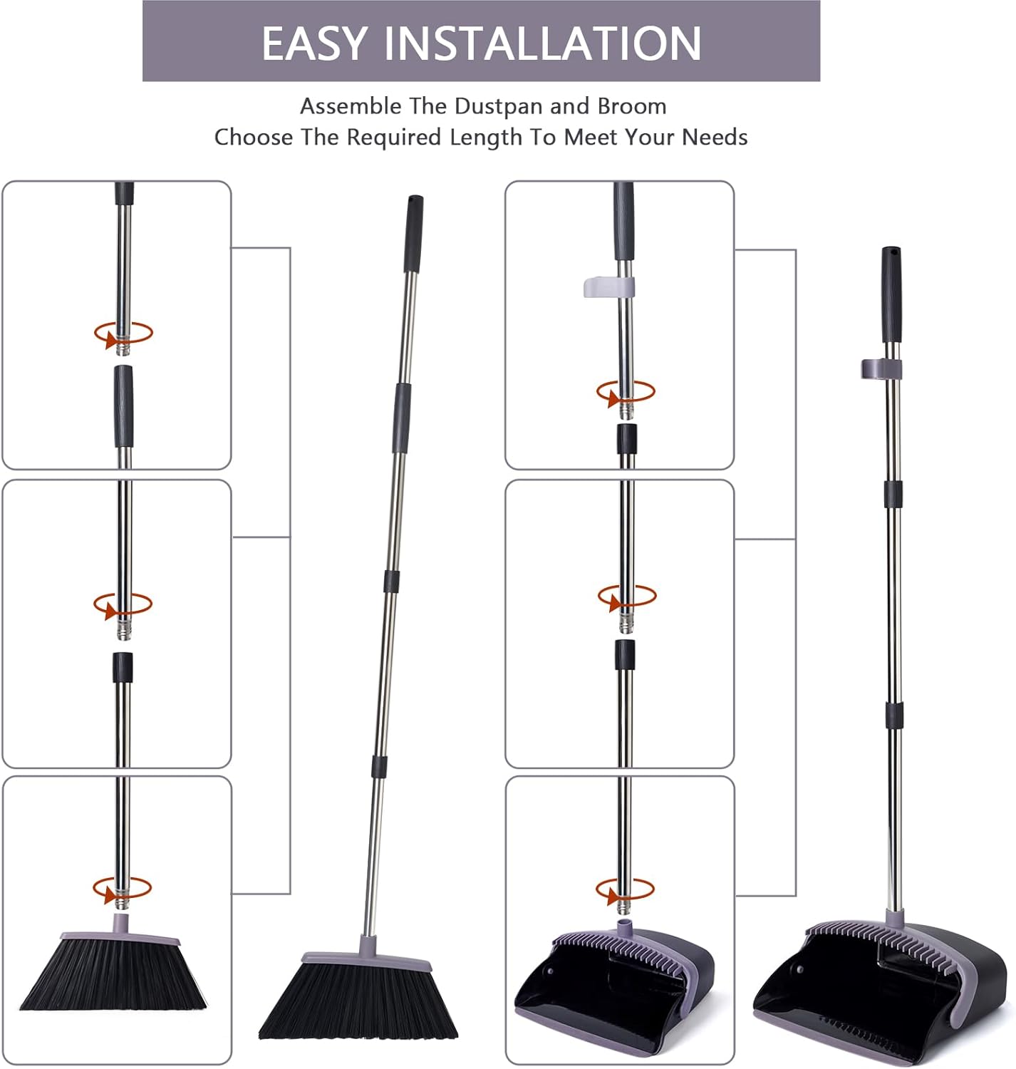 Broom and Dustpan Set, Dustpans with Broom Combo for Home, Heavy Dust Broom and Dustpan Combo, Long Handle Dust Pan and Broom Set for Kitchen, Office, Pet Hair, Charcoal Color, Pack of 1 - Image 6