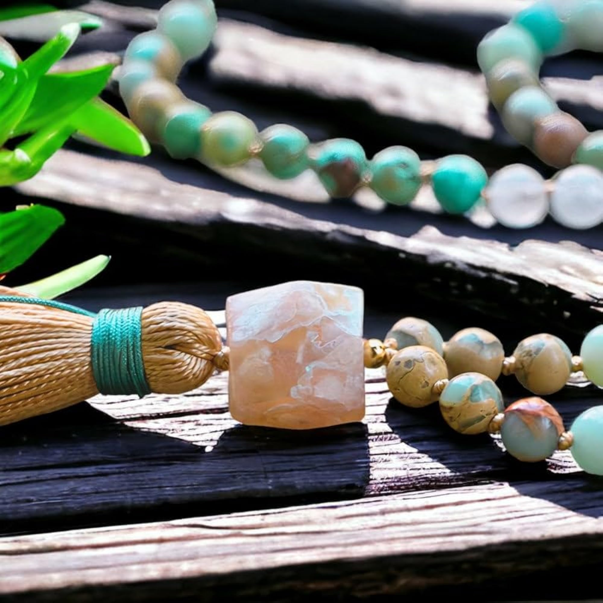 Natural Cherry Blossoms Agate & Green Turquoise Beaded Mala Necklace