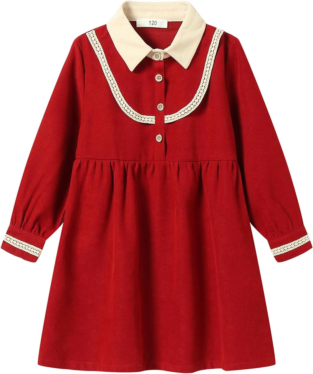 Girls Long Sleeve Uniform Dress Contrast Collar Lace Trim Shirtdress with Pockets 5T-14Y