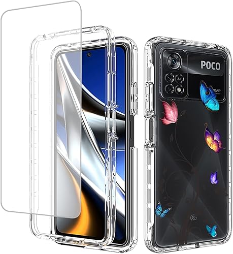 Vavies Funda para Poco X4 Pro 5G, 2201116PG Funda con protector de pantalla de vidrio templado, cuerpo completo transparente con diseño floral, disponible en Yaxa Peru
