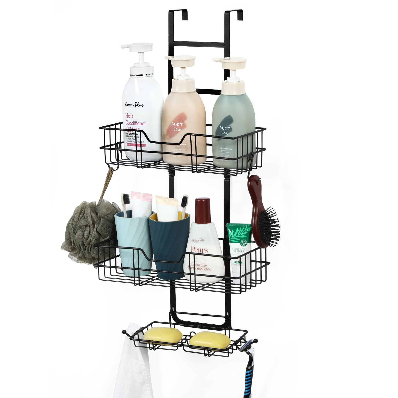 Over The Door Shower Caddy, Hanging Storage Rack, Shower Basket with Suction Cup, Over Door Bathroom Shower organizer Hanging with Hooks and Soap Holder, No Drilling (3-Layer, Black)