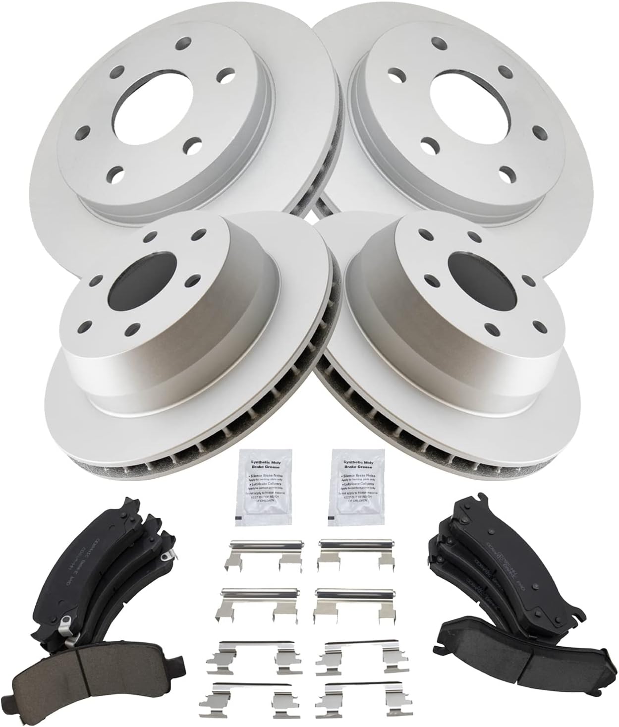 TRQ Ceramic Brake Pad & Coated Rotor Front & Rear Kit w/Fluids Compatible with Chevy Express