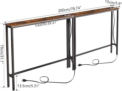Miniatura 3 de IBUYKE TMJ061H-2 - Paquete de 2 mesas de consola angostas y largas con tomas de corriente, puertos USB, mesa de entrada industrial de madera con