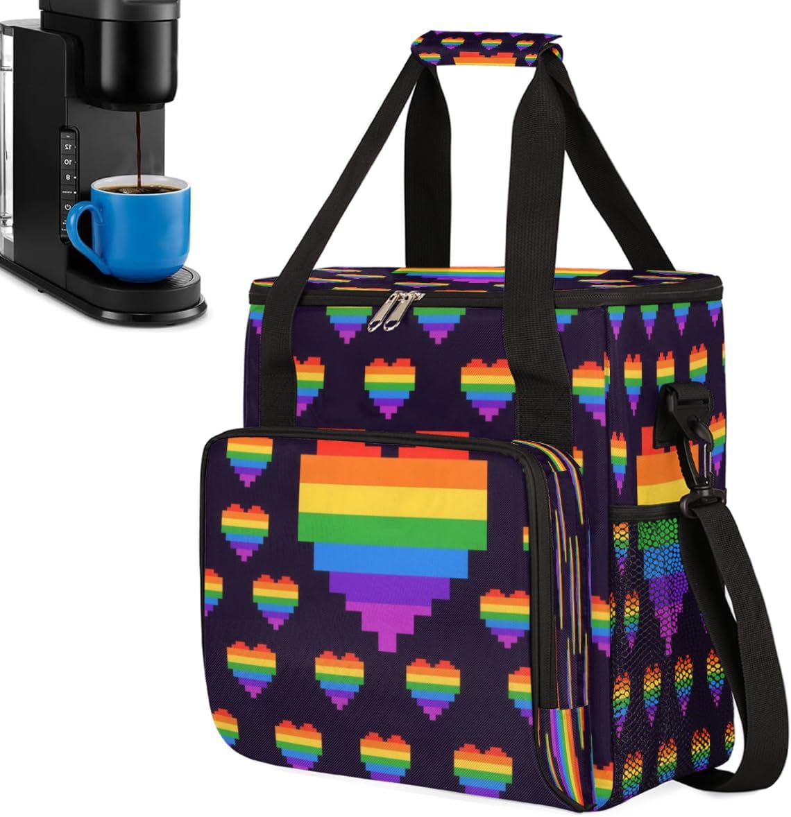 Pride Hearts Portable Coffee Maker Carrying Bag Compatible with Keurig K-Mini or K-Mini Plus - Travel Storage Tote with K-Cup Pod Pockets for Single Serve Coffee Brewer