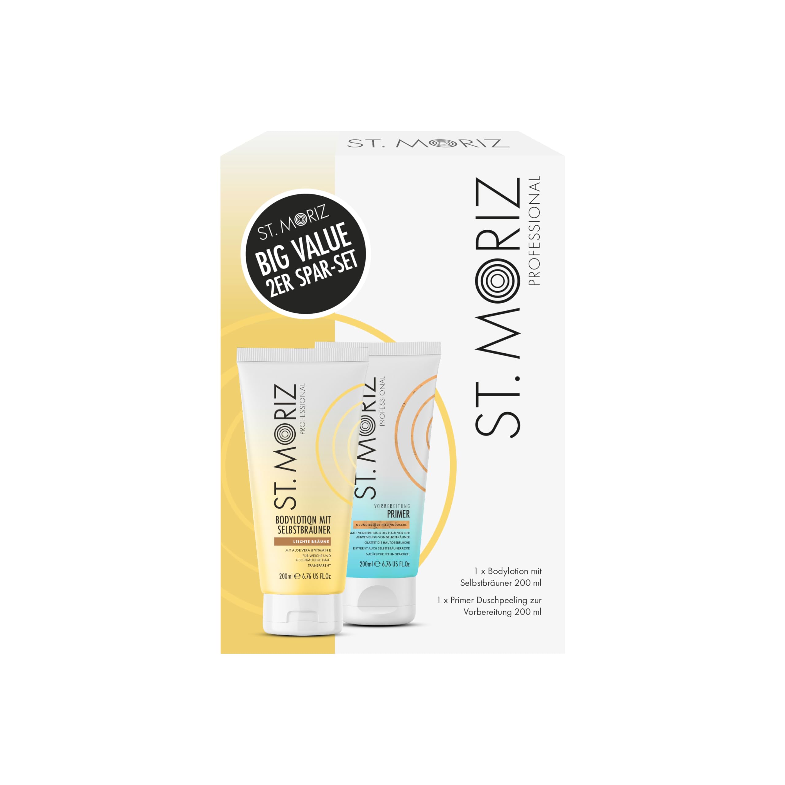 St. Moriz Juego de 2 autobronceadores profesionales – Loción corporal constructora 200 ml + ducha exfoliante preparatoria de 200 ml