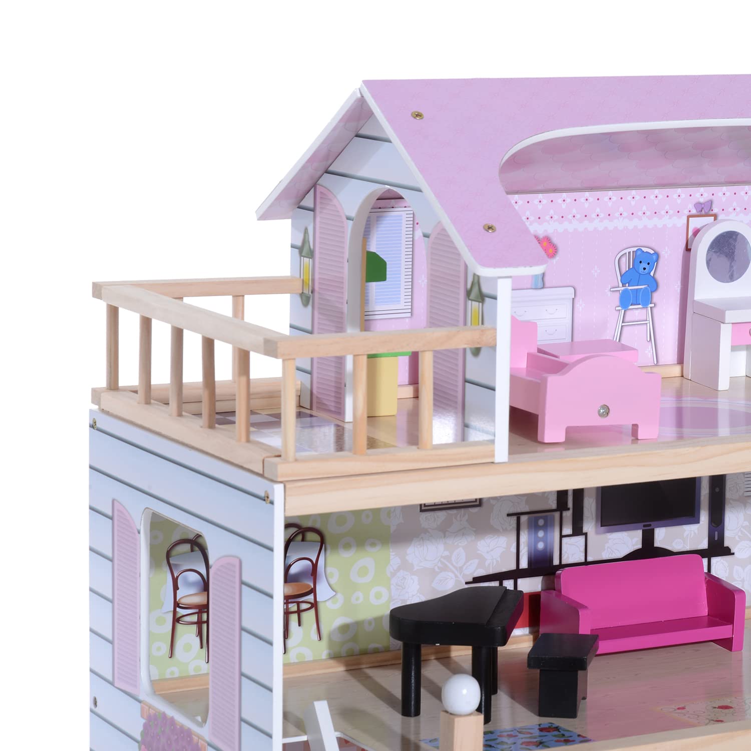 HOMCOM Casa delle Bambole per Bambini 3+ Anni a 4 Piani 60x30x80 cm Rosa | Legno di Pino e MDF, 13 Accessori