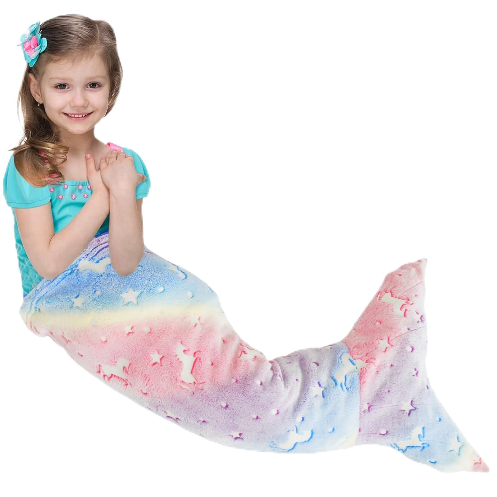 Sesaver Kids Mermaid Tail Blanket 100x50cm Luminous Mermaid Blanket Flannel Girls Mermaid Toys, Colorful Snuggle Blankets Mermaids Sleeping Bag with Double Stitching for Girls 3 to 6 Years (Style B)