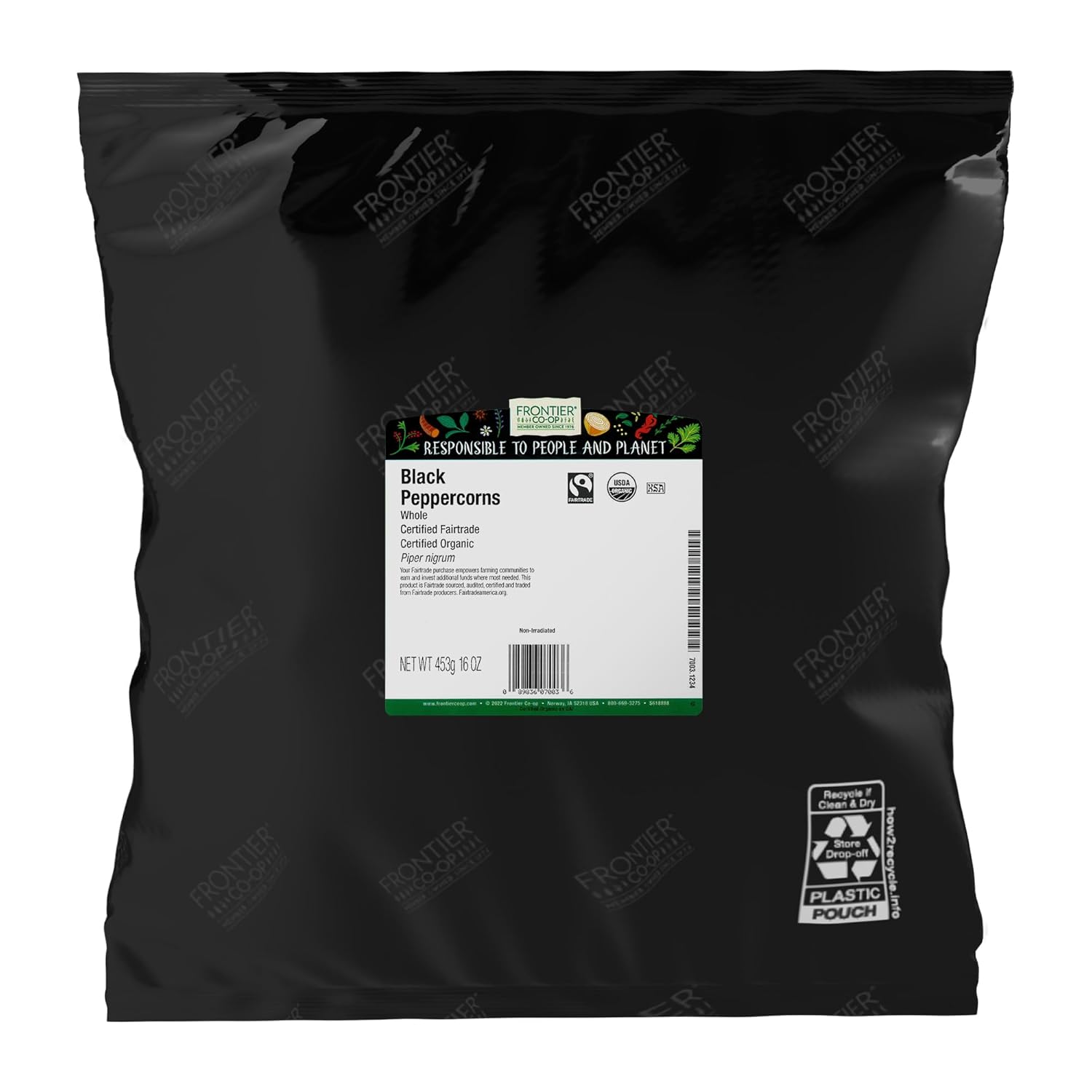 Frontier Co-op Organic Whole Black Peppercorns, 1lb Bulk Bag - Fair Trade, Whole Spice for Grinders Refill, Cooking, Restaurant Supply