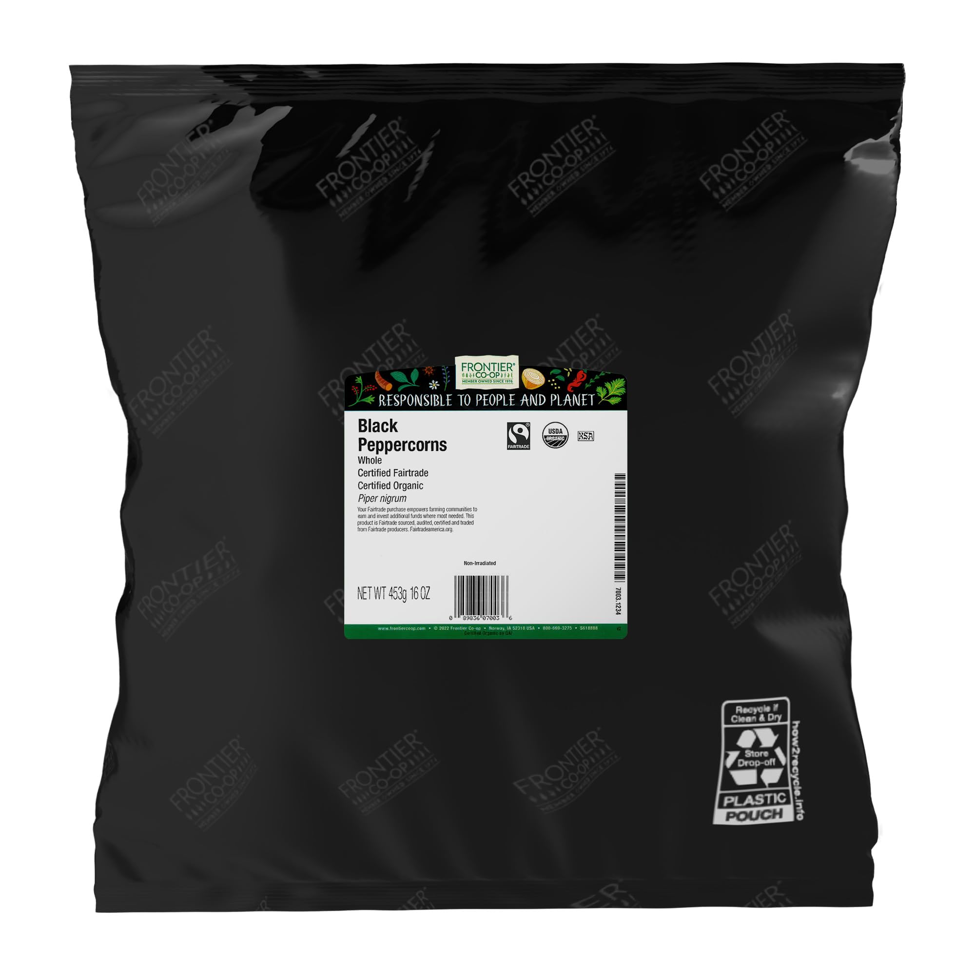 Frontier Co-op Organic Whole Black Peppercorns, 1lb Bulk Bag - Fair Trade, Whole Spice for Grinders Refill, Cooking, Restaurant Supply