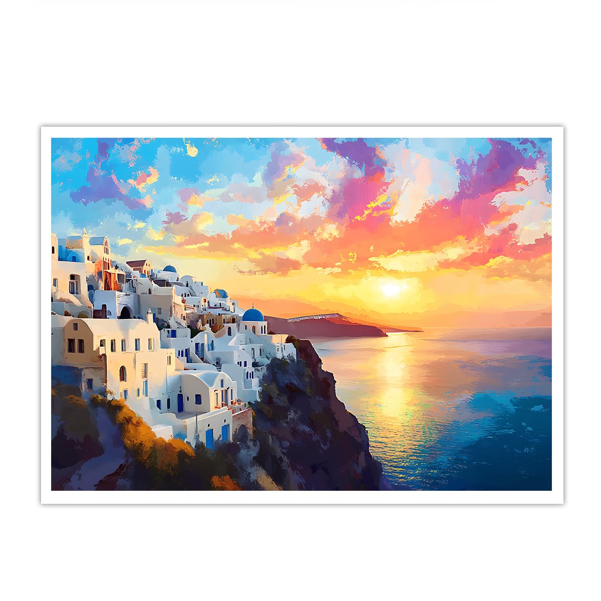 CHERHERART Architecture bleu-blanc Toile Art mural Coucher de soleil Village côtier Affiches Photos Peinture Œuvres d’art pour salle de bain 85x140cm Sans cadre