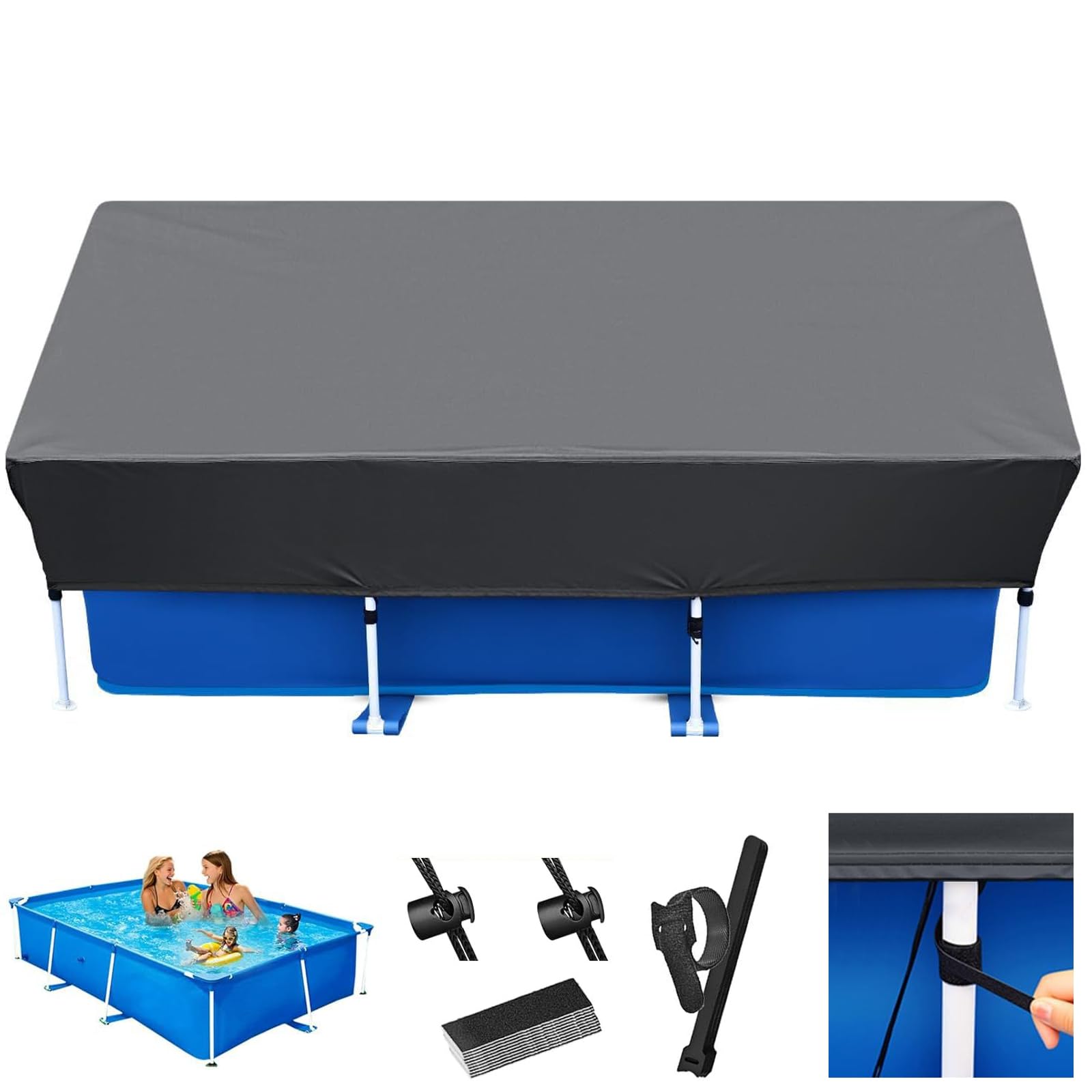 Cubierta de piscina rectangular, con cordones, para piscina con marco rectangular, resistente al polvo, impermeable, cubierta de piscina rectangular, protección UV, marco de piscina (400 x 215 cm)