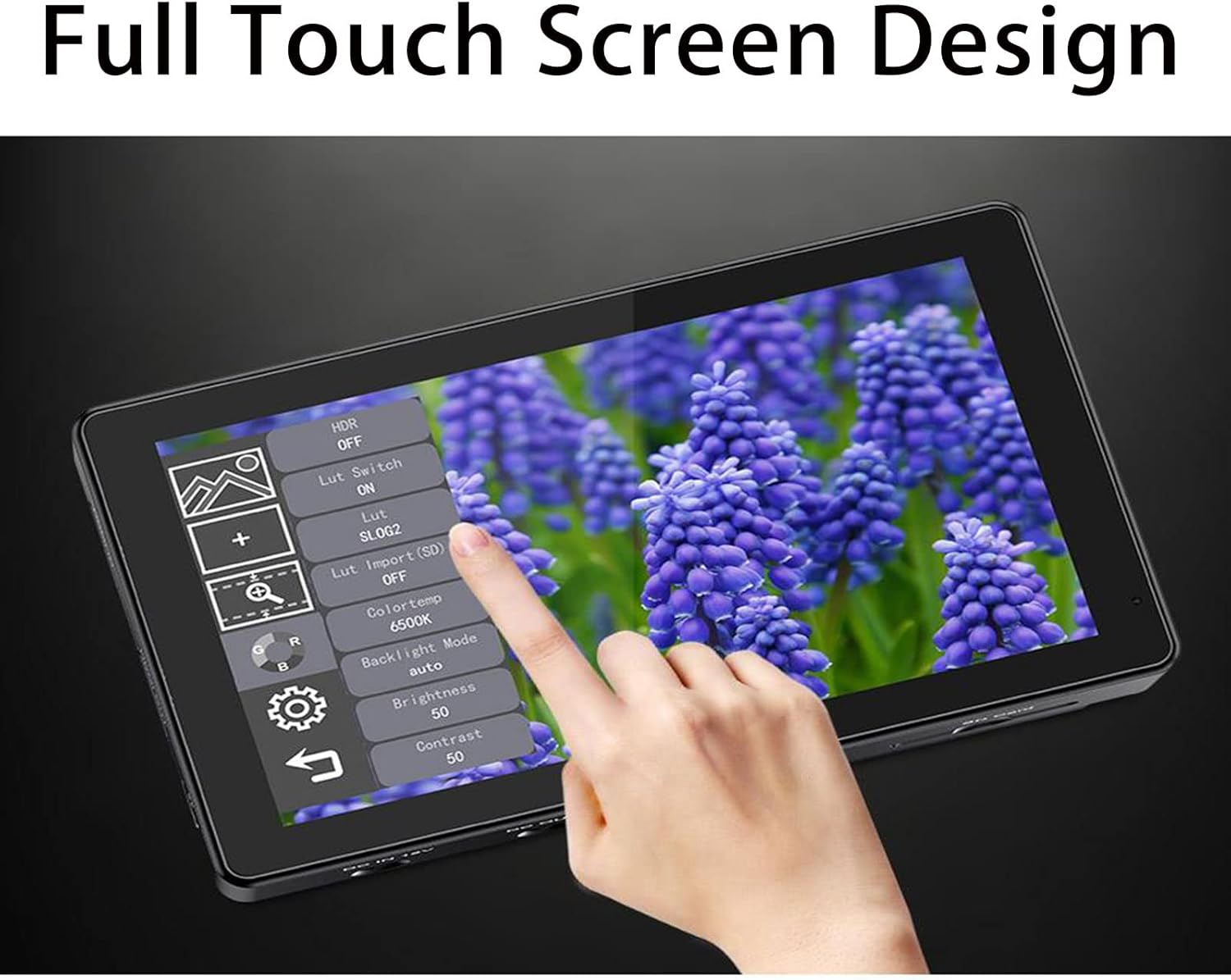 Hand interacting with the touch screen menu of the FEELWORLD LUT5 monitor