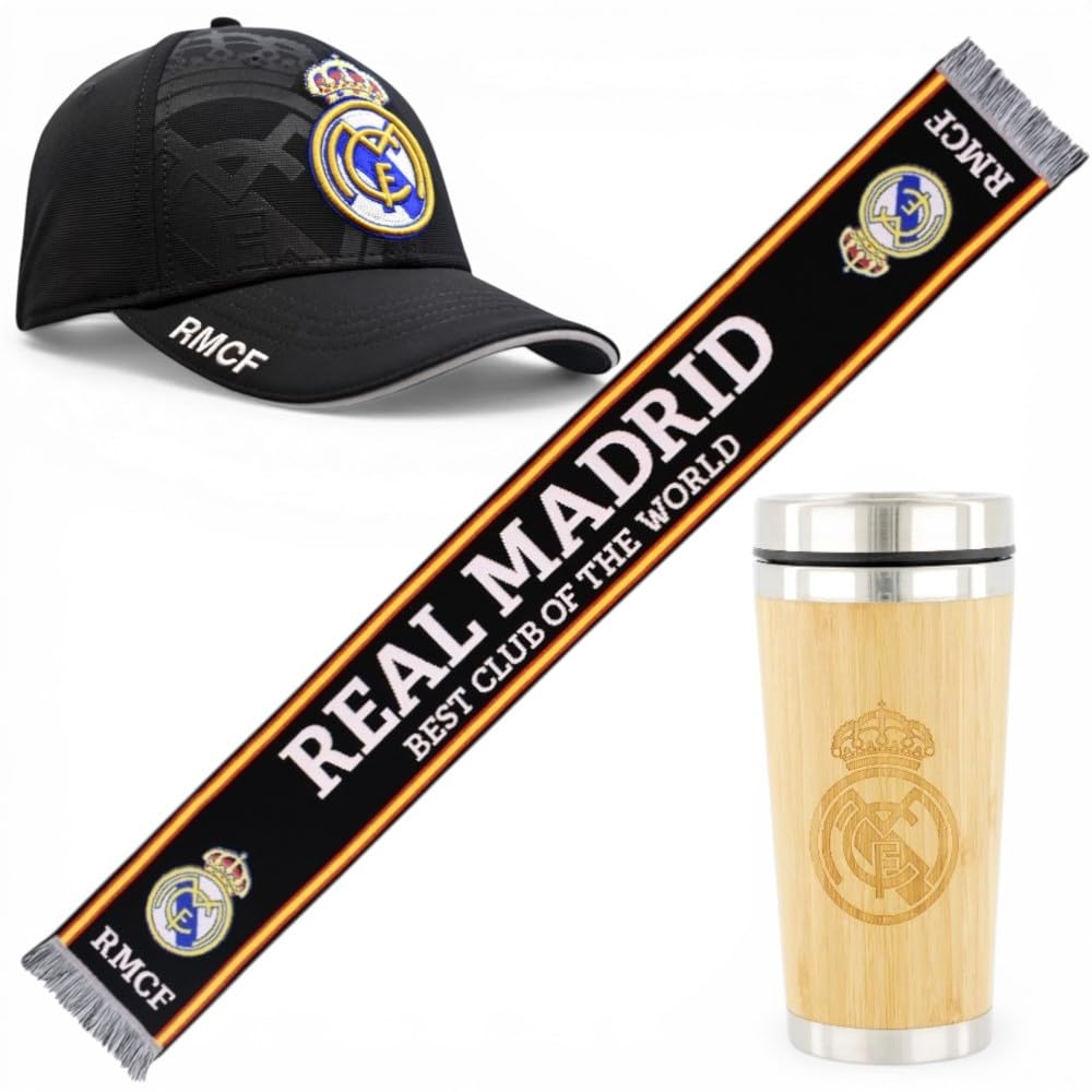 Real Madrid Pack Gorra, Bufanda y Termo Oficial; combinación Ideal para Mostrar tu pasión madridista con Estilo y funcionalidad.