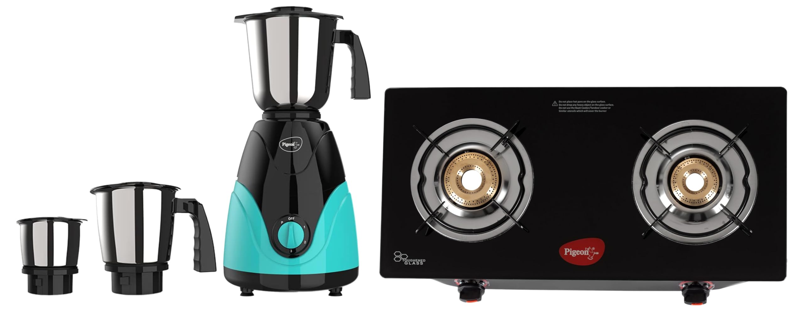 Pigeon Zest Mixer Grinder 3 Speed Control 750 Watt Powerful Copper Motor with 3 Jars - Blue & Pigeon Aster Gas Stove 2 Burner with High Powered Brass Burner, black (14266)