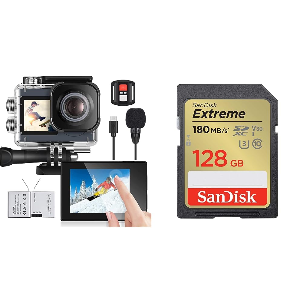 icefox Action Cam 4K Ultra HD 20MP Kamera Unterwasserkamera & SanDisk Extreme SDXC UHS-I Speicherkarte 128 GB