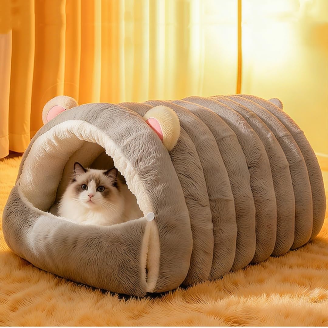 Cat Cave Bed for Indoor Cats, Cute Cat Beds with Removable Cushion, Kawaii Pet Ear-Shaped Cats Tent Beds for Kitten Puppy (Brown, XL - 29.5" x19.6")
