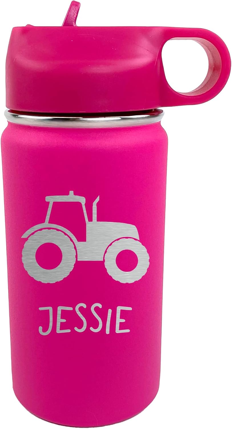The Crafty Engineer Personalized Tractor Kid's Water Bottle, Tractor Design, Tractor Tumbler, Tractor Cup, Kid's Travel Cup Mug, Back to School (Hot Pink)