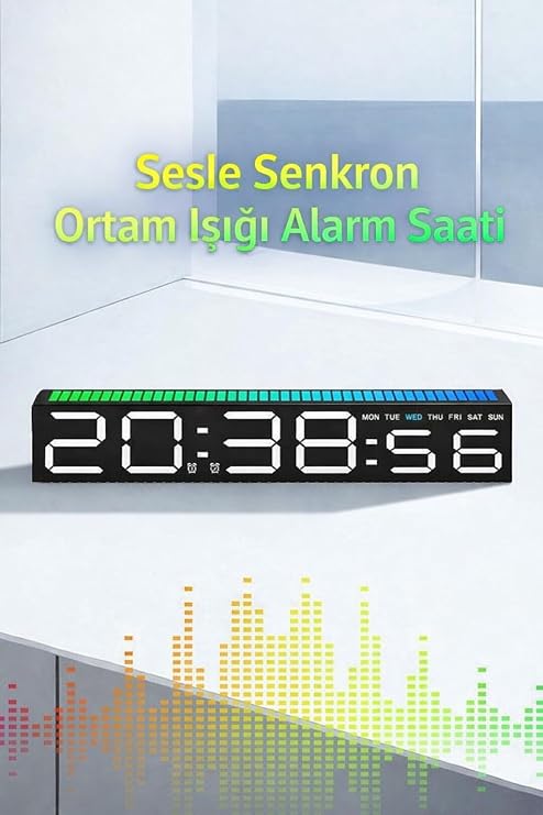 TechTic Geniş Ekran Dijital Masa Saati – Ses Ritim Sensörlü RGB Işık | Tarih & Alarm Özellikli Modern LED Saat