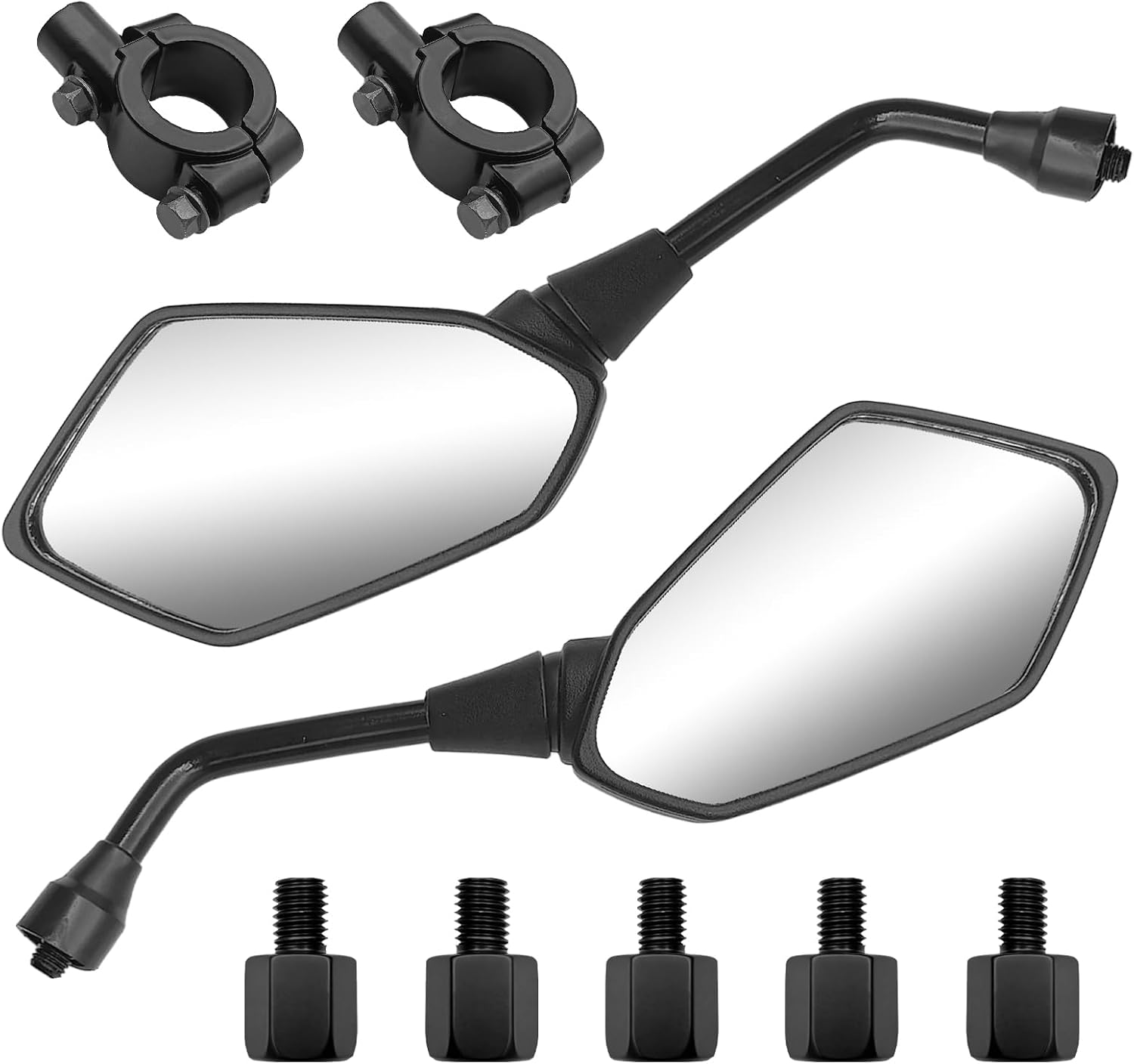 Automotive Universal Black Motorcycle Rear View Side Mirrors, 360 Adjustable with M8 M10 Threaded Bolts and 7/8 Inch Handlebar Mount Clamp, for Motorbikes, Bike, Snowmobile, Quad Bikes