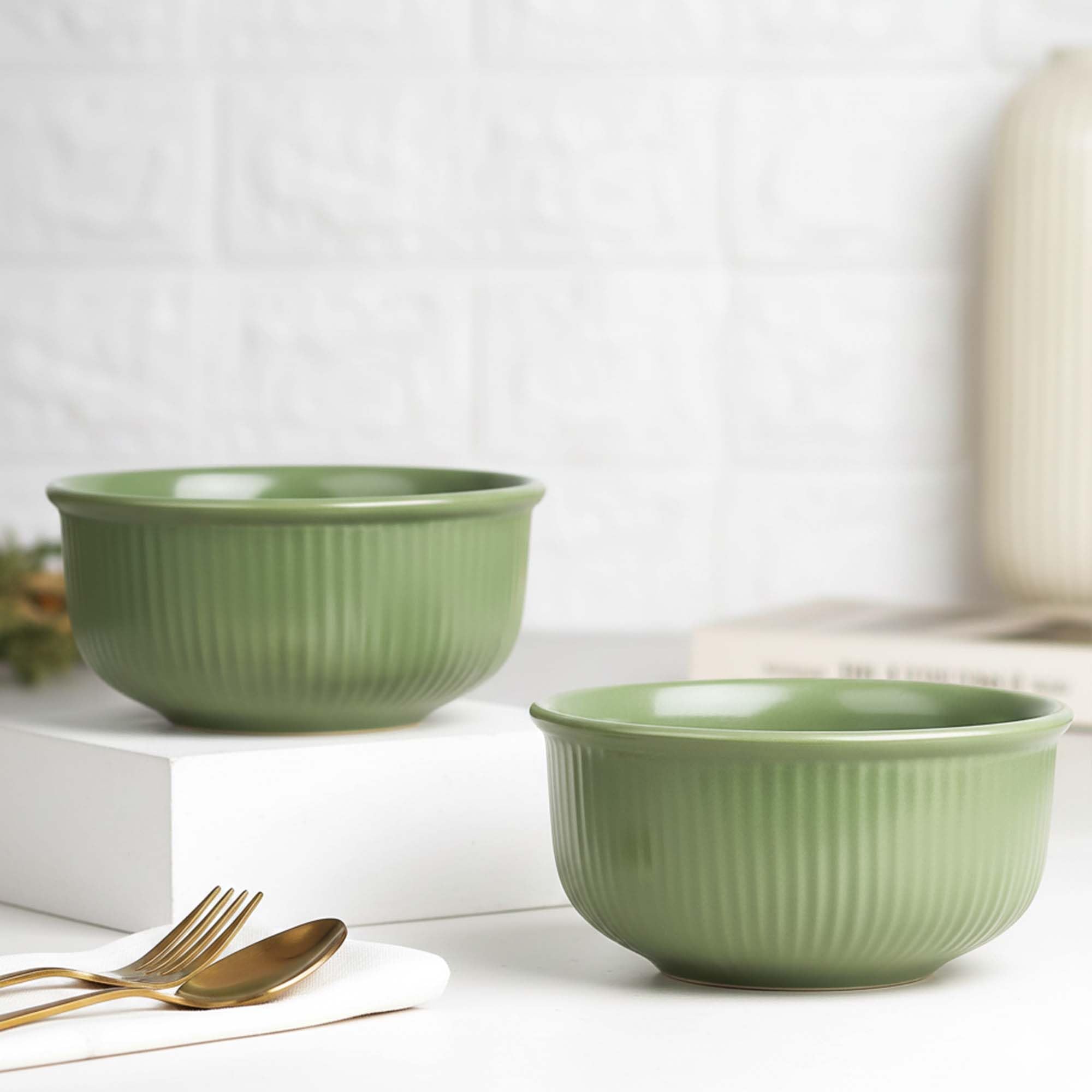 Green Fringe Ceramic Bowl Set of 2, 550ML Each | Snack Bowl | Perfect for Christmas Gift | New Year Gift & Daily Use