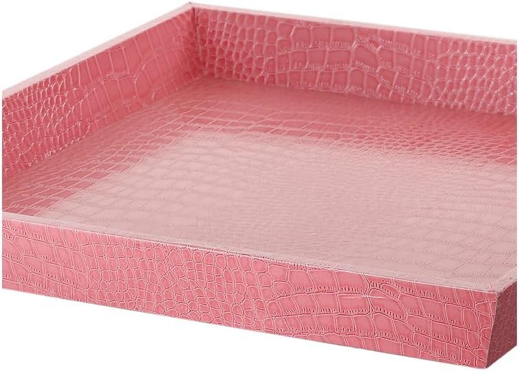 HomeStock French Flair 17.7" Decorative Serving Tray Leatherette Upholstery Pink Faux Leather Square Raised Sides Textured Surface Elegant Look