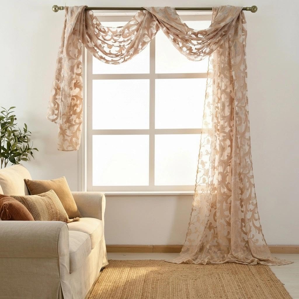 Jacquard Window Scarf Valance, European Style Decorative Sheer Curtain Scarf for Wedding Arch, Canopy Bed, Headboard, Gazebo, 1 Panel (Wide 54 in x Long 216 in, Beige)