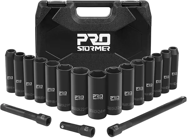 1/2" Drive Impact Socket Set, Prostormer 18-Piece 10-24mm Metric Sizes Deep Socket Kit with 3", 5", 10" Extension Bars and Storage Case, 6-Point Cr-V Steel Socket Set