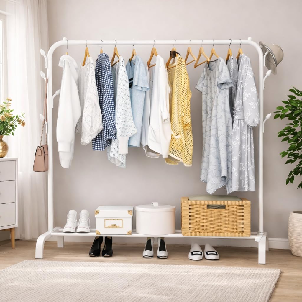 HIWARE Metal Multifunctional Heavy-Duty Quality Garment Stand Cloth Rack Freestanding Storage Organizer With Bottom Shelves Adjustable Single Pole Coat Hanger(Mat_White) 40 X 110 X 150 CM