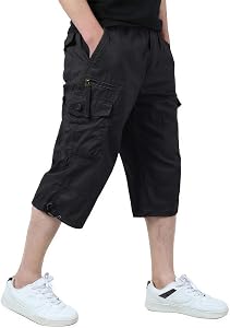 KEFITEVD Cargo Shorts Men Casual 3/4 Length Shorts Cotton Capri Long Short Pants Cropped Trousers with Multi Pockets