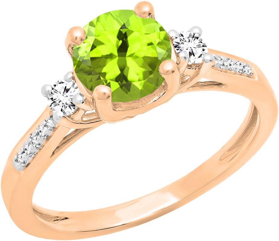 Dazzlingrock Collection 7mm Round Center Peridot & White Diamond 3 Stone Engagement Ring for Women in 18K Solid Gold