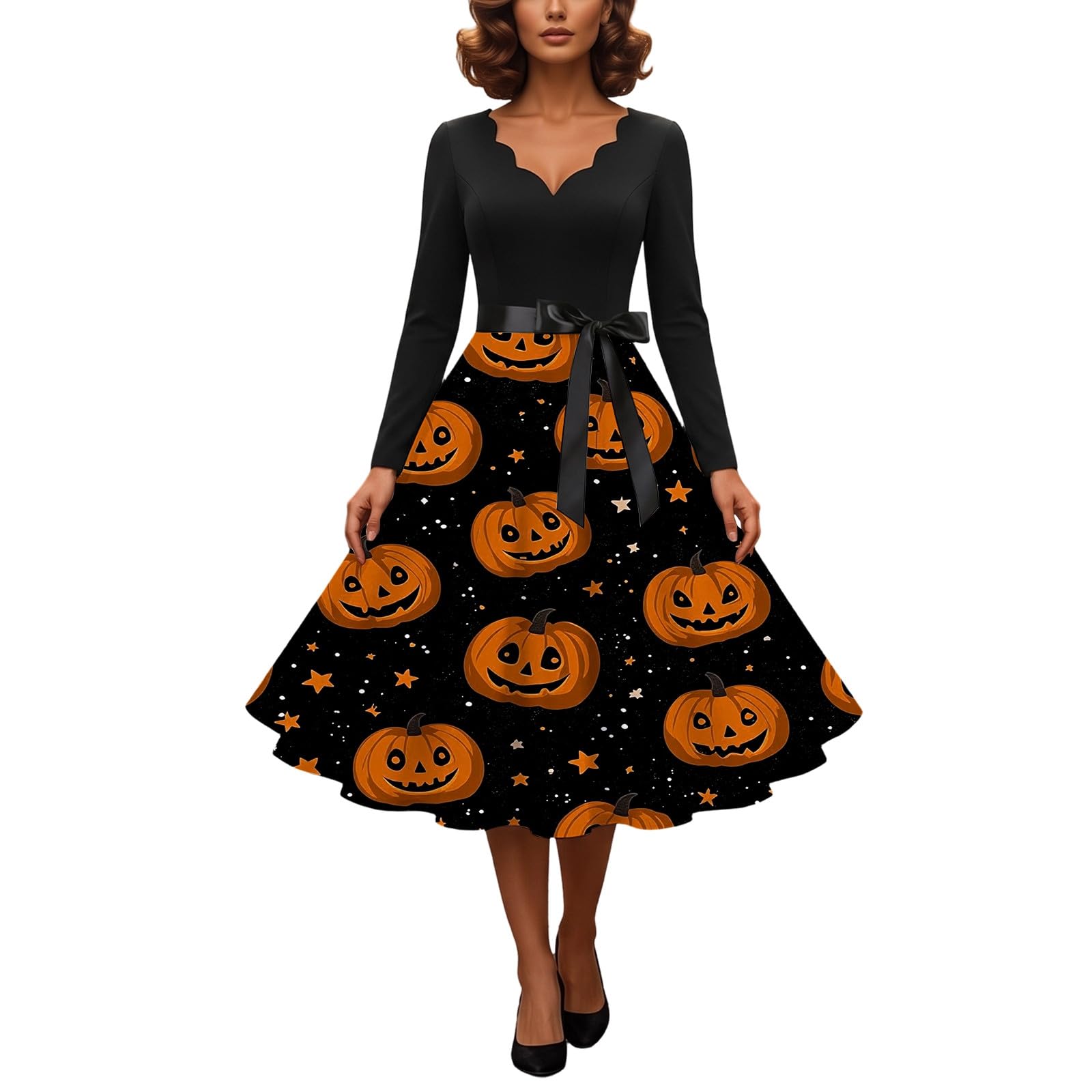 Halloween Costumes Adult Women 2026 Retropumpkin Skeleton Print Long Vintagewitch Dress V-Neck Long Sleeve A Line Swing Dress Party Cocktail Novelty Maxidresses — image 1