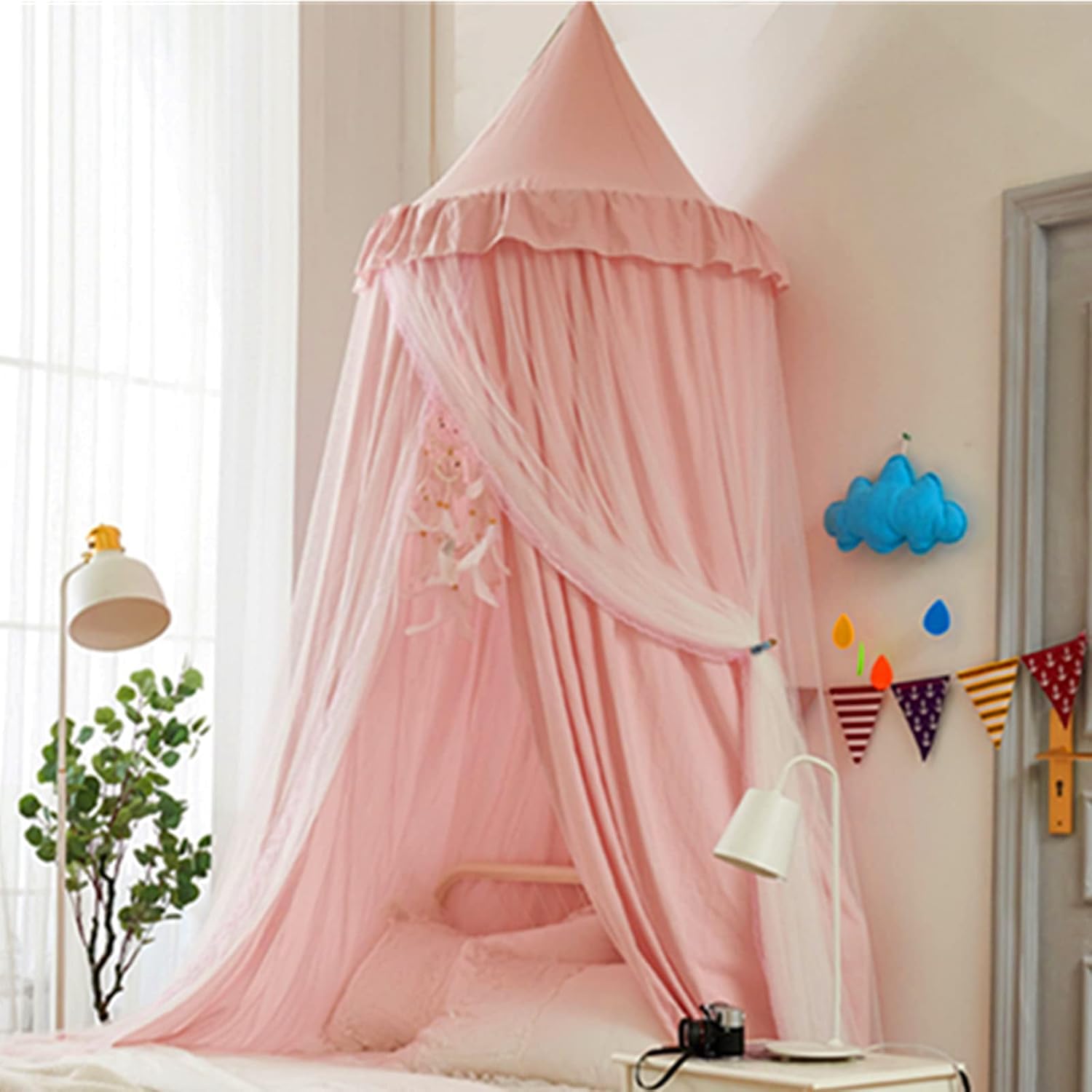 Doppellagig Baldachin Babybett Mädchen Groß Hell Rosa Baumwolle Betthimmel Kinderbett Rund Hängendes Kuppel Moskitonnetz Spielzelte Bett Deko for Kinder Baby